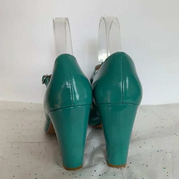Jeffrey Campbell Y2K Frill Teal Blue Green Ruffle T strap Retro Inspired Pump 7 - Picture 7 of 10